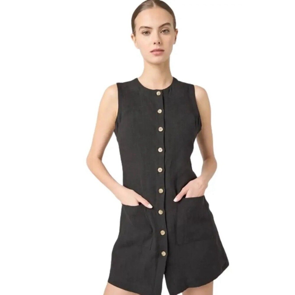 BLANKNYC Black Linen Button Up Shift Dress w/ Pockets